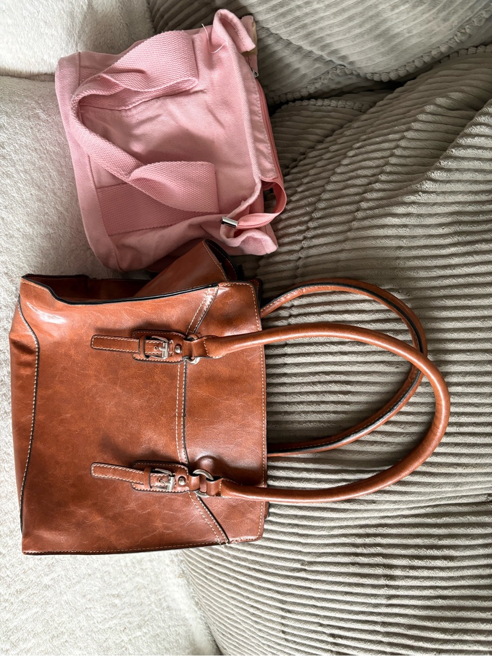 Women's Brown Leather Tote Handbag with Buckle Accents
